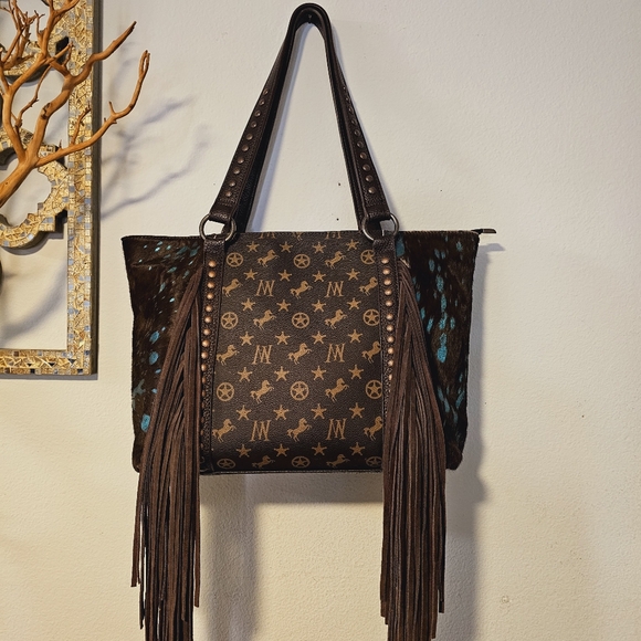 MONTANA WEST Teal Metallic Calf Hair w/ Fringe LoGo Tote NWOT - Picture 5 of 8